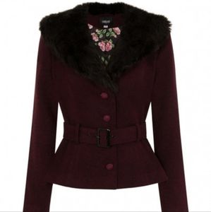 Collectif Wine Molly Jacket, belted waist removable faux fur collar, XL NWT